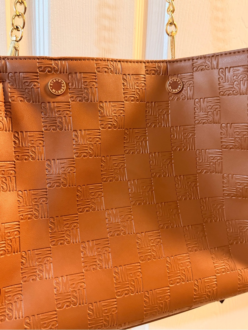 Steve Madden Embossed Tan Leather Tote with Gold Chain Straps